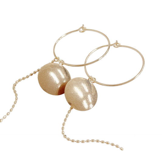 10K Yellow Gold Circle plate and chain charm pierced earrings